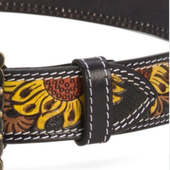 AMERICAN BISON Leather Sunflower Tooled Belt With Contrast Stitch - Picture 3 of 3